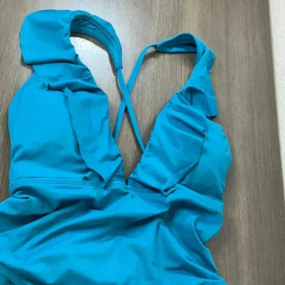 SHADE & SHORE - WOMEN'S ONE-PIECE TEAL CHEEKY SWIMSUIT RUFFLES STRAPS L (12-14) - Picture 6 of 14